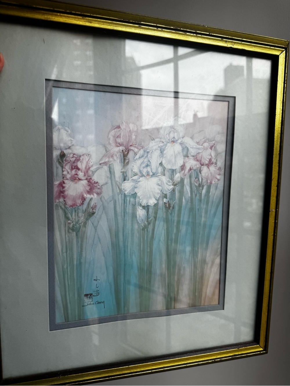 Vintage Signed Original Painting Iris Watercolor Floral Print in Gold Frame